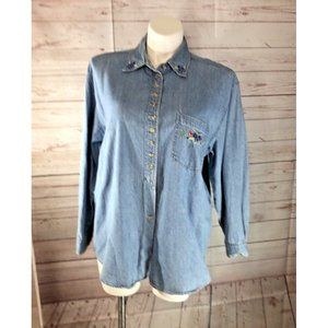 Vtg Andrew Jeans Womens 1X Denim Blue Button Up Shirt Embroidered Long Sleeve